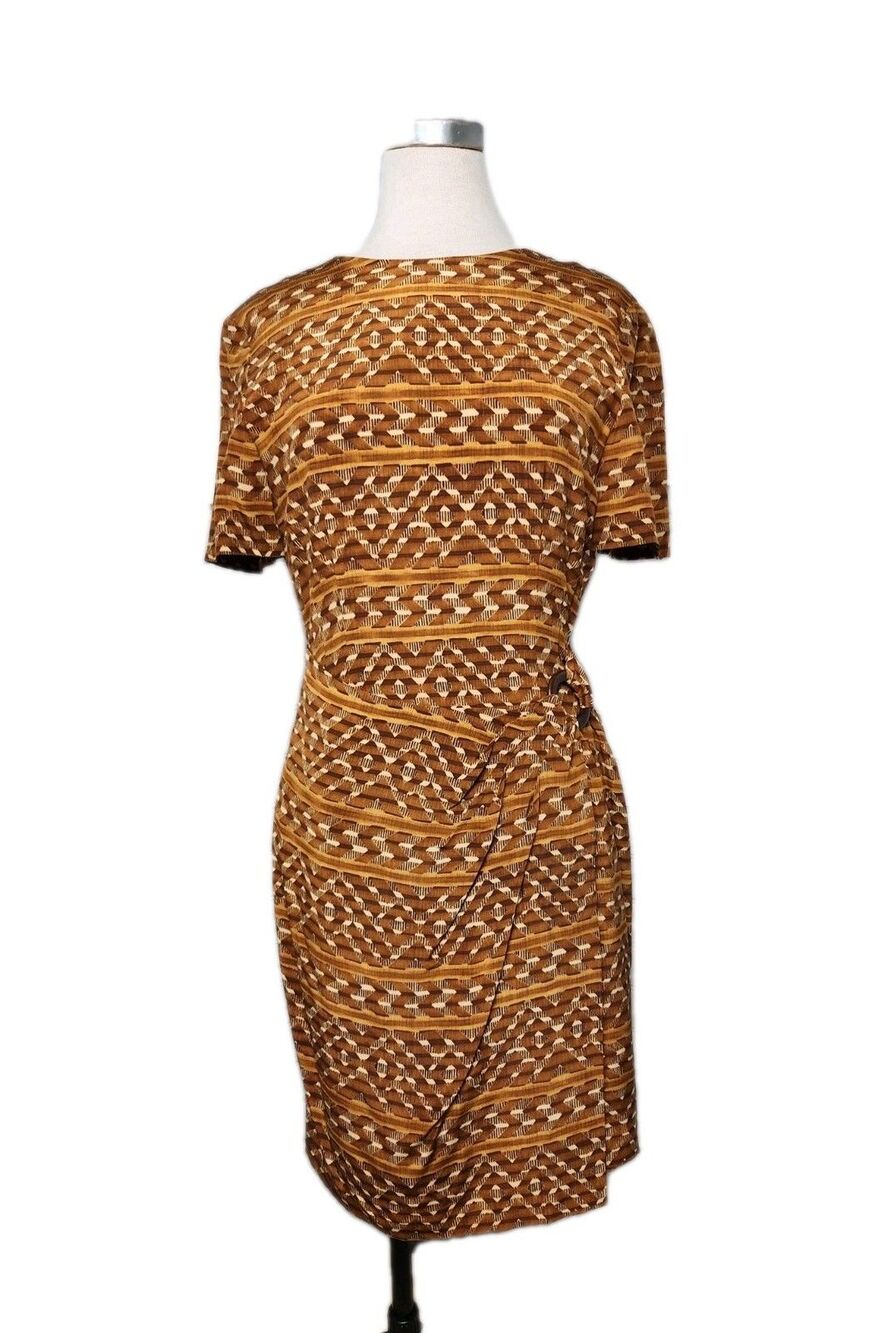 Evan-Picone Vintage Brown Wrap Dress 100% Silk Womens 8 Lined Wooden Ring